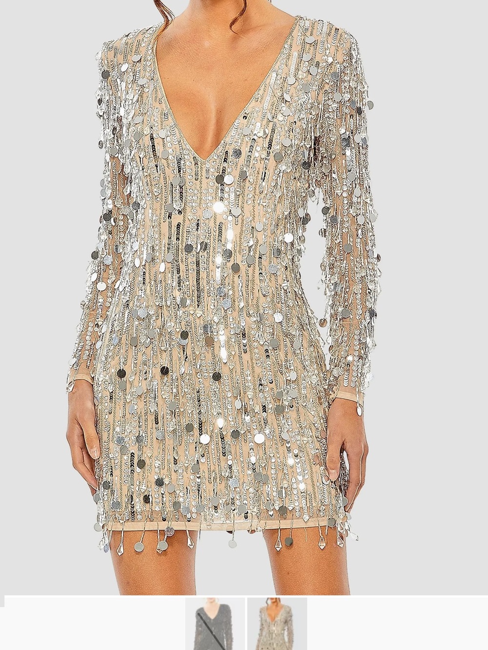 Mac Duggal Nude and Silver Sequin Fringe V‑Neck Mini Dress